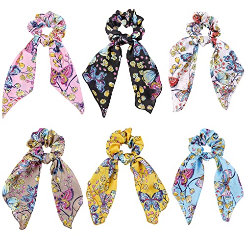 Butterfly Scrunchies - Vivid Silk Hair Accessories with Colorful Scarves, Ribbons, Elastics, Bandanas, Bows and Bands for Women and Girls (6PCS) | Hair Scarves,Hair Scrunchie with Tails,Hair Bows,Scarf Ponytail Band,Hair Accessories for Women,2 in 1 - col