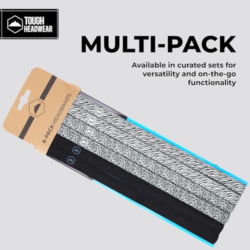 Tough Headwear Thin Elastic Headbands - Sports Hair Head Band for Women & Men - Non Slip Mens Workout Headband - 6-Pack - color: Black, Leopard - 6