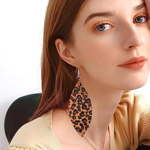 Large Genuine Soft leaf Leather Handmade Fringe Tassel Feather Lightweight Tear Drop Dangle Color Earrings for Women - color: Leopard