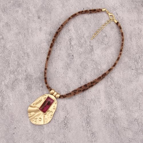 Boho Necklace for Women Adjustable Silicone Rope with Gold Beaded Pendant Chunky Handmade Vintage Jewelry - style: Leopard Red Stone Necklace