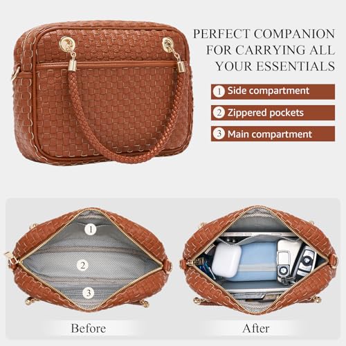 Chic Woven Crossbody Camera Bag, Soft Vegan Leather Purse with Designer Look & Braided Handle - color: Brown