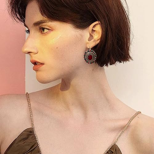 Unique Bohemian Vintage Sparkly Crystal Colorful Round Flower leverback earrings Boho Retro Bronze Circle Beaded Flower Floral Dangle Drop Earrings for Women - color: Red 9