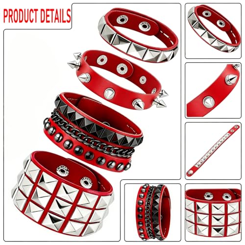 Handmade Black Leather Wrap Studded Bracelets for Women Men, 4Pcs Vintage Punk Wrist Cuff Bangle Wristband Emo Jewelry Gifts - style: Red Square Stud Style