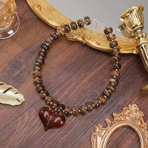 Chunky Colorful Beaded Statement Boho Summer Beach Chokers Necklace Heart Pendant Pink Green Yellow Brown Fashion Jewelry - color: Gold-brown3