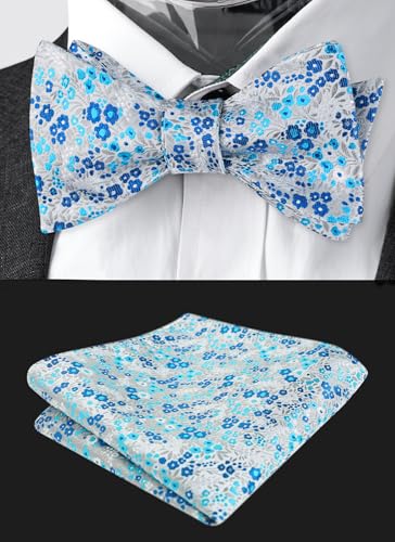 Alizeal Mens 2pcs Classic Floral Pattern Self-tied Bow Tie and Handkerchief Set - color: 045-gray/ Teal