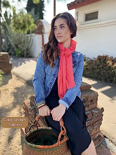 Humble Hilo Womens Woven Bohemian Style Gauze Scarf,Shawl, Head Wrap Fringed Edge Lightweight, Long Folds Small - color: Peach