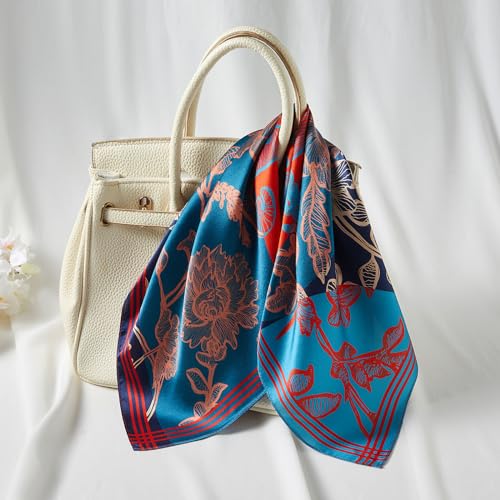 100% Mulberry Silk Neck Scarf 21''x21'' Small Square Hair Scarf for Women Men Lightweight Bandana Envelope Package - color: Floral- Blue Red