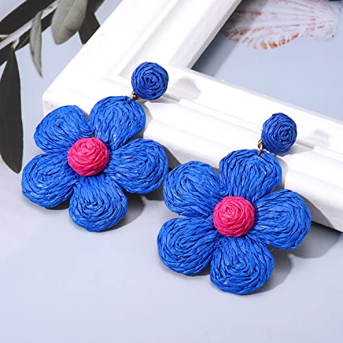 Rattan Earrings for Women Statement Boho Raffia Straw Wrapped Flower Drop Dangle Earrings Summer Tropical Beach Jewelry - color: Royal Blue