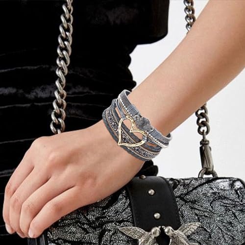 Long tiantian Boho Leather Wrap Bracelets Gifts Trendy Stuff Layered Bangles Bracelets for Women Modern Stackable Infinity Bracelets Bohemian Jewelry Gifts for Women Birthday Gifts - color: B9:Bangle Bracelets(grey)