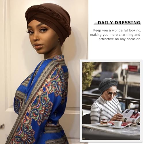 African Women Turban Caps Beanie Pre-Tied Twisted Braids Headwraps for Women Head Scarf Chemo Cancer Headwear Cap - color: 3 Pack Twisted Braid: Dark Grey/White/Dark Brown