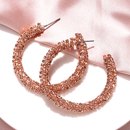 Rhinestone Hoop Earring for Women Sparkly Crystal Wrapped Hoop Dangle Earrings Statement Boho Gold Black Plated CZ Hoop Earring - color: D: pink crystal