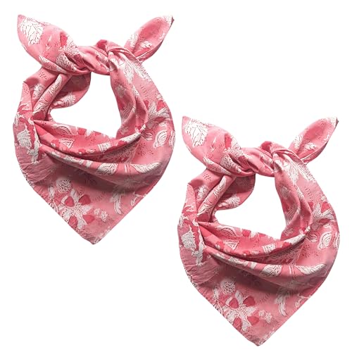AVKA Studio 100% Cotton Bandanas for Women & Men, 2 Pack 20x20 Inch, 22x22 inch Hand Printed, Lightweight Cotton Handkerchief - color: Pink & White, size: 22 x 22 Inches Large