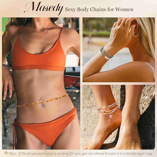 8PCS African Waist Bead Chains for Women Layered Belly Body Chain Handmade Plus Size Beaded Belly Chain Colorful Elastic Flower Butterfly Body Chains Summer Beach Bikini Body Jewelry 31-45in - style: Set B