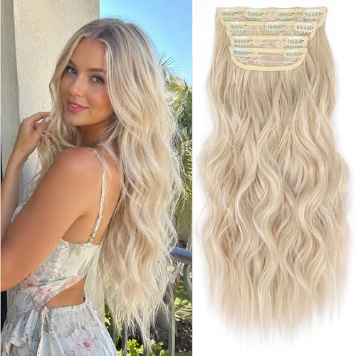 Clip in Long Wavy Synthetic Hair Extension 20 Inch 4PCS Ash Brown Mixed Light Blonde Hairpieces Fiber Thick Double Weft Hair Extension for Women(4pcs, 20Inch, Ash Brown Mixed Light Blonde) - color: Ash Brown Mixed Light Blonde