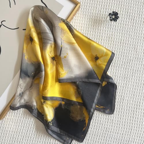 FONYVE 100% Mulberry Silk Scarfs for Women-Lightweight Square Satin Head Scarf-Small Silk Hair Scarf for Sleeping 21"x21" - color: 22 Yellow & Black Flower
