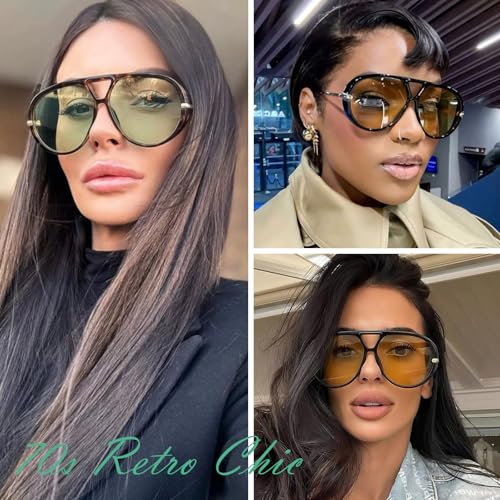 GRFISIA Retro Oversized Aviator Sunglasses for Women Men Metal 70s Aviators 2026 Fashion Shades for Beach Vacation UV400 - color: (2pcs) Tortoise/Green+tortoise/Brown