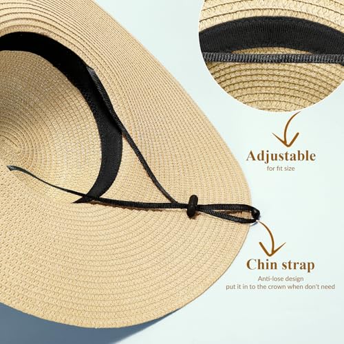 Womens Beach Sun Straw Hat with Straw Belt UV UPF 80+ Travel Foldable Brim Summer UV Hat Stretch Boho Belt for Dress - color: Beige, size: X-Small