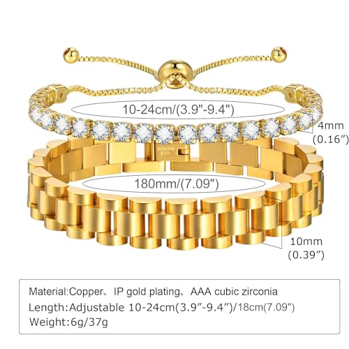 MPRAINBOW 2pcs 18K Gold Plated Chain Link Bracelet, Stainless Steel Crystal Friendship Bracelets Bangle,Watch Band Chains Wristband Jewelry with Adjust Tool - color: Gold Set - F