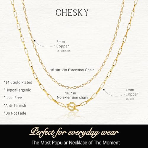 CHESKY Layered Necklaces for Women, 14K Gold Plated Chain Necklace Women Trendy Cuban Link Paperclip Chain Toggle Clasp Necklace Fashion Chunky Jewelry for Women - style: Paperclip Figaro-GD