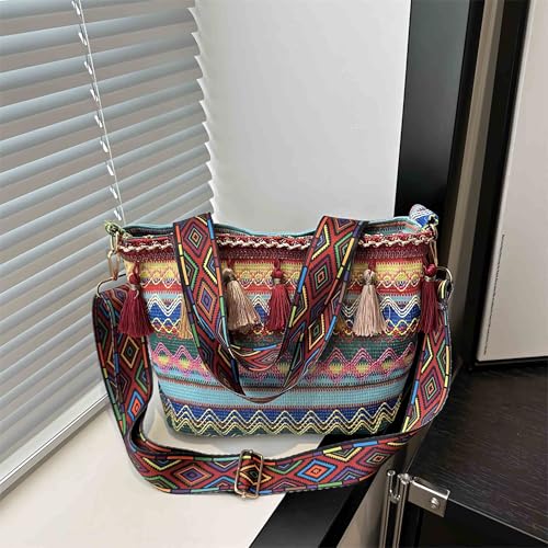 boho western crossbody bags for women, boho hippie handbag tote bag, fringe colorful multi color canvas purse