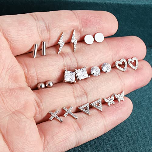 BOUTIQUELOVIN 14K Gold Stud Earrings Set for Women, for Multiple Piercing Silver Plated Studs Earrings and Zirconia Earring Set Small Huggie Hoop Chain Earing - color: 10Pairs Silver Studs