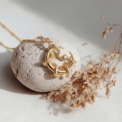 Fettero Animal Necklaces for Women 14K Gold Plated Charm Snake Necklace Elephant Bird Cat Butterfly Pendant Cute Dainty Necklace Jewelry - style: Snake Moon