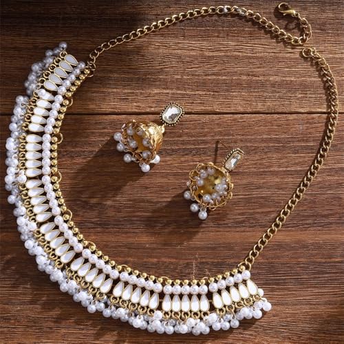 Bohemian Jhumka Earring Necklace Set for Women Bride Wedding Bollywood Crystal Pearl Beaded Antique Gold-Tone Indian Bell Jhumki Dangle Earrings Choker Necklace Ethnic Festive Party Wear Jewelry - color: White