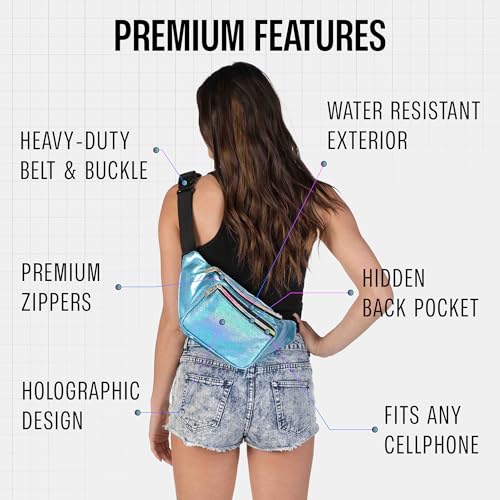 Holographic Fanny Pack Belt bag - Crossbody Waist Bag for Men or Women - Hands-Free, Waterproof Large Bumbag for Hiking, Running, and Travel (Blue Glitter) - color: Glittler Light Blue