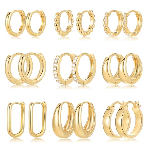 9 Pairs Small Gold/Silver Hoop Huggie Earrings Set for Women, 14K Gold Plated Chunky Hoop Small Earring Hypoallergenic Thick Open Lightweight Chunky Hoop Earrings Jewelry for Gifts - color: gold-standard
