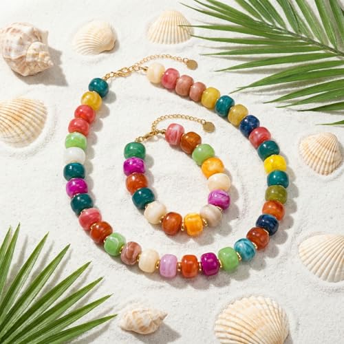 Gmai Chunky Bead Necklace and Bracelet Set for Women Boho Big Bead Statement Necklace Adjustable Fashion Trendy Summer Necklaces Jewelry Gift Set - color: Color 2pcs set