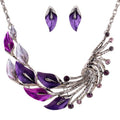 YAZILIND Ethnic Style Tibetan Silver Peacock Crystal Chunky Bib Earrings Necklace Set Wedding Party - color: Purple