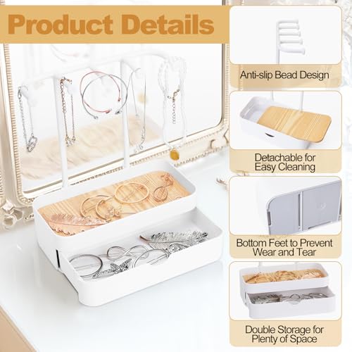 Jewelry Organizer Stand, 2-Tier Necklaces Holder with Wooden Tray and 5 Storage Hooks, Earring Holder with 5 Pcs Jewelry Bags for Bracelet,Chains,Rings,Earrings,Keys Watches (White) - color: Upgraded White