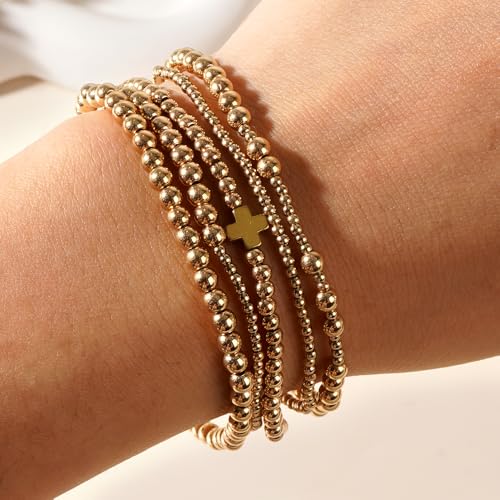 14K Gold Plated Beaded Bracelets Stack Set for Women,Stretch Boho Colorful Beads Ball Jewelry Friendship Summer Trendy - color: Gold