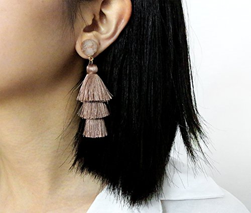 Me&Hz Colorful Layered Tassel Earrings Bohemian Statement Tiered Tassel Big Dangle Drop Earrings for Women Druzy Studs Valentine’s Day Gift - color: Khaki