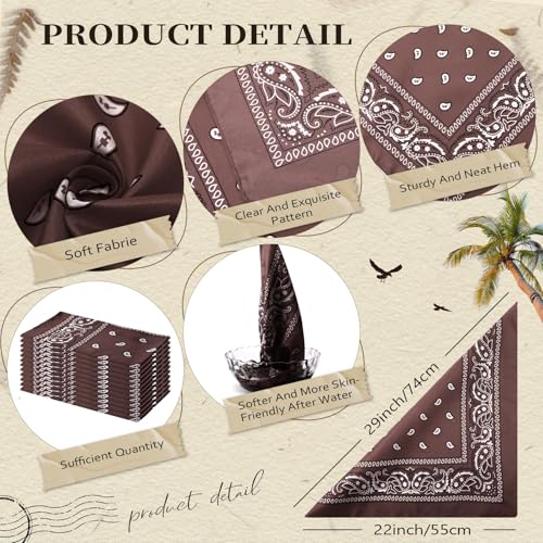 Suhine 12 Pcs Bandanas Bulk for Women Men 22 x 22 Inch Paisley Headband Cowboy Handkerchief Summer Beach Party Costume - color: Coffee