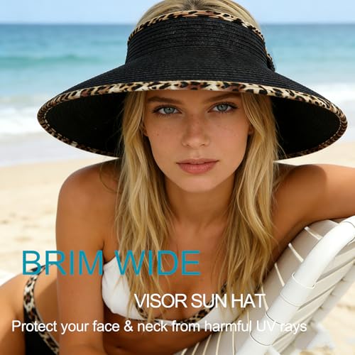 Women's Sun Visor Hats Wide Brim Beach Hat Straw Ponytail Visor Packable Foldable UPF 50+ Floppy Travel Hats - color: Black02