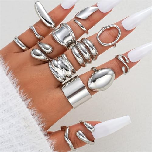 Knuckle Rings Set for Women, Chunky Stackable Joint Finger Statement Rings Vintage Adjustable Hollow Carved Midi Ring Pack Punk Aesthetic - style: C-14Pcs