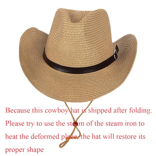 Wide Brim Straw Cowboy Hat for Men Women Western Cowgirl Sun Hat Packable UPF 50+ Beach Cap Shapeable Fedora Panama Cap - color: Khaki