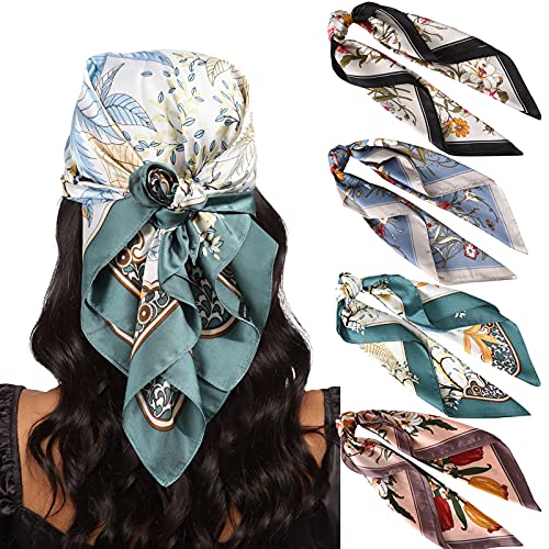 AWAYTR 27.5” Silk Satin Square Head Scarf - 4PCS Satin Head Scarves for Women Hair Kerchief Bandanas Sleeping Head Wraps - color: Print (Black/Gray/Coffee/Cyan)