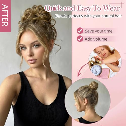 Messy Bun Piece Human Hair for Women Tousled Updo Extension Wavy Curly Buns Scrunchie with Tendrils, Natural Full Chignon Hairpiece for Thin Fine Hair Ladies Dirty Blonde 33g - color: Golden Honey Blonde