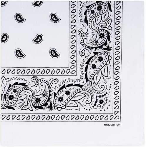 Raylarnia Bandana Multi-Purpose 100% Cotton Headbands for Women, 22 inch Paisley Cowboy Bandanas for Men - color: White