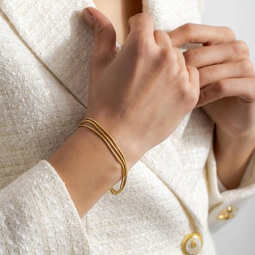 Gold Bracelets for Women, 14K Gold Plated Stackable Bracelet Stack Set Adjustable Charm Paperclip Chain Snake Link Layered Waterproof Jewelry Sets Gifts - style: Herringbone Chain GD