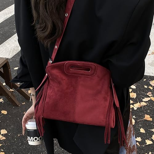 Women's Suede Fringe Crossbody Bag, Retro Hollow Handle Shoulder Purse, Novelty Fashion Tassels Bucket Bag Handbag - color: Red