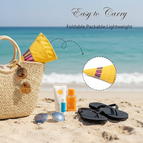Wide Brim Sun Hat for Women Reversible Beach Hats Metal Wired Edge Gardening Hats, UPF 50+ Bucket Summer Hat - color: Yellow Boho-style