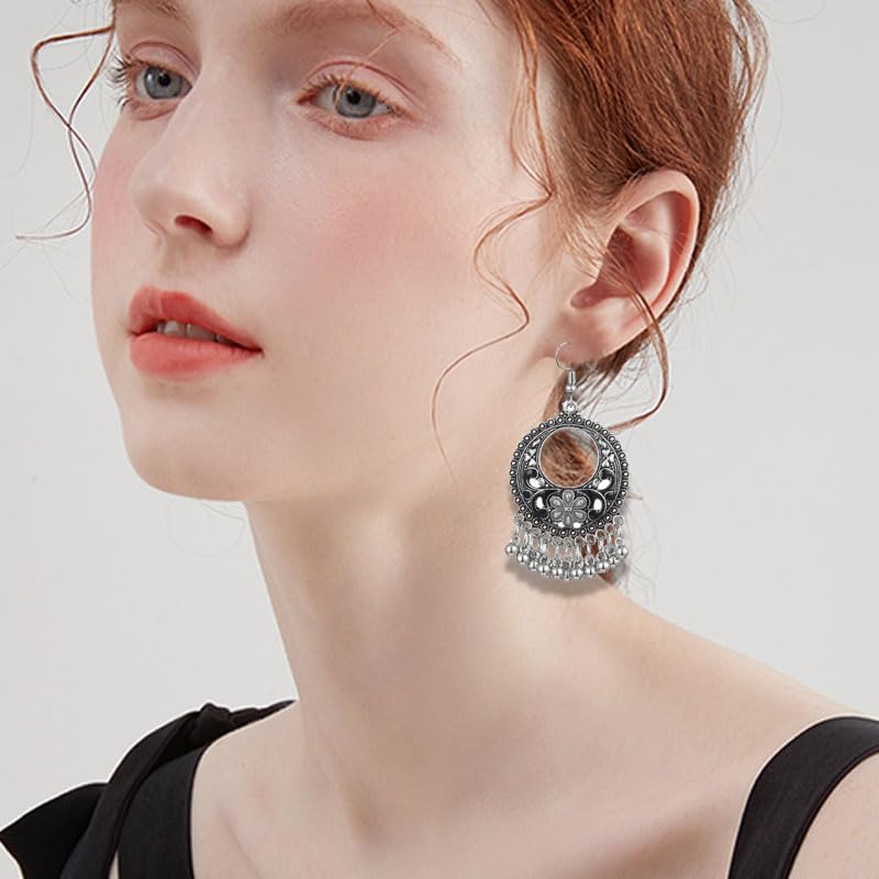 Vintage Boho Statement Drop Dangle Earrings for Women Bohemian Ethnic Handmade Beaded Charms Earring Bohemian Retro Chandelier Tassel Earrings Mexico Gypsy Jewelry Gift - color: O-Silver-Black