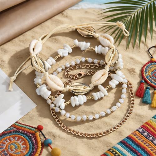 Waeceip Beach Ankle Bracelets For Women Summer Boho Anklets For Women Seashell Beaded Anklets Summer Jewelry Beach Vacation Accessories - color: shell with 4