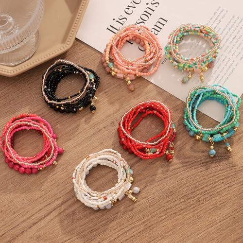 IFKM 8PCS Beaded Bracelets for Women, Multilayered Stackable Strand Stretch Bead Bracelet Pack Handmade Trendy Bohemian Charm Jewelry - color: Rose Red
