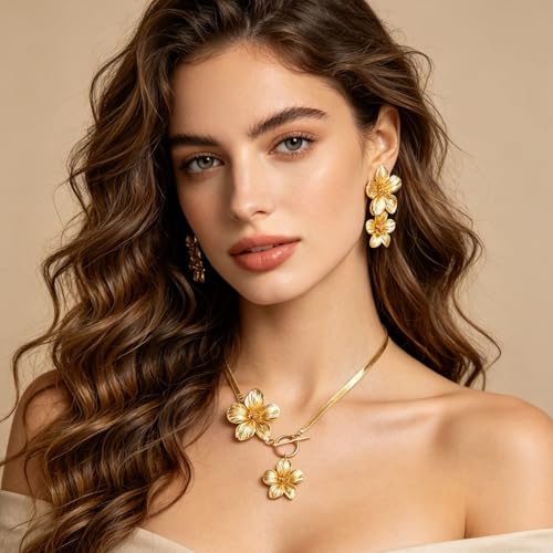 WCRAZYE Gold Flower Earrings Necklace Set for Women Boho Summer Daisy Floral Statement Earrings Brides Wedding Guest Dresses Jewelry - color: Gold