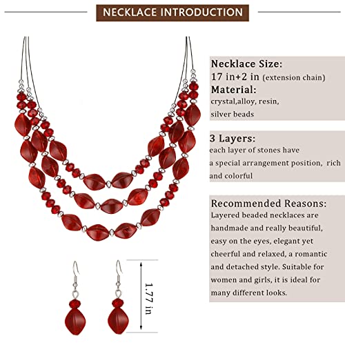 3 Layered Chunky Statement Necklace for Women Beaded Strand Necklaces with Earring Fashion Costumes Collar Necklace Jewelry Sets Gifts for Women - color: Red