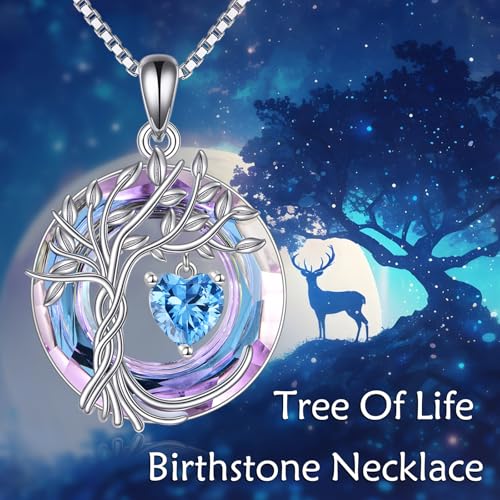 POPLYKE Mothers Day Gifts for Mom Her Wife Tree of Life Necklace 925 Sterling Silver Birthstone Pendant with Crystal Anniversary Birthday Wedding Jewelry for Women - color: 12-Dec-Blue Topaz, style: White Gold Plated-Amethyst Crystal